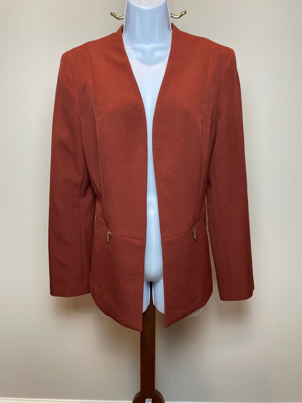Kasper Blazer Size 8 Rust Terracotta Collarless Open Front Zip Pocket Hook Eye